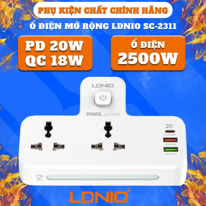 Ổ cắm điện thông minh 4 in 1 LDNIO SC2311 20W 2 cổng USB 1 cổng Type C công suất 2500W Chính hãng bảo hành 1 năm.