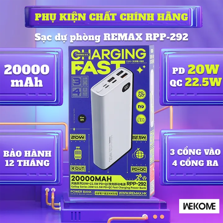 Pin dự phòng sạc nhanh Remax RPP-292 dung lượng 20000mAh QC 22.5W và PD 20W Bảo Hành 12 tháng.