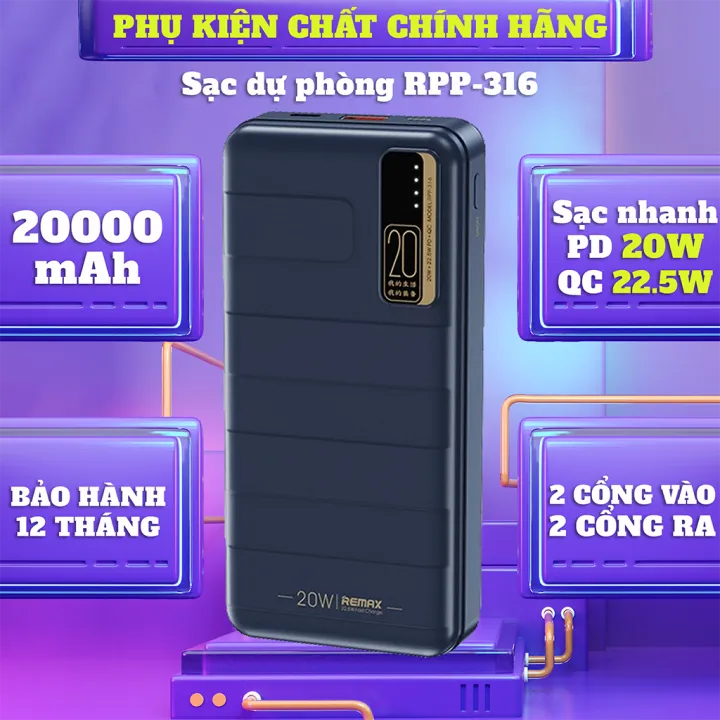 Sạc Dự Phòng Remax RPP-316 20000Mah (Sạc Nhanh QC3.0 18W, 22.5W, PD20W, VOOC 2.0) Cao Cấp BH 1 Năm