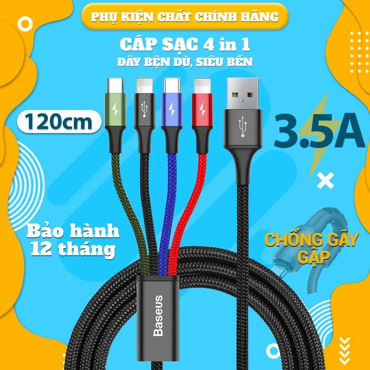 Dây sạc 4 đầu Baseus 4 in 1 lightning micro usb type c - cáp sạc đa năng cho iphone samsung hàng cao cấp hộp mới.