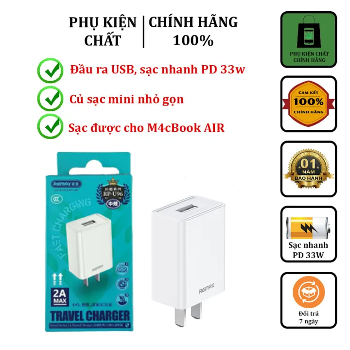 Củ sạc điện thoại Remax RP-U96 cổng usb 2A hàng chuẩn hãng bảo hàng 12 tháng.
