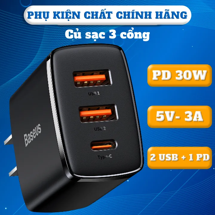 Củ sạc nhanh Baseus 30w cho các dòng điện thoại công nghệ sạc nhanh PD 3.0 và QC 3.0 thiết kế 1 cổng typec 2 cổng usb